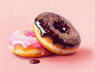 Two colorful donuts with rich chocolate frosting and decorative sprinkles on a bright pink background