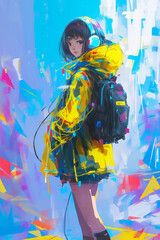 Vivid Harajuku Fashion Portrait of Anime Girl in Futuristic Outfit with Transparent PVC Jacket and Reflective Fabric, Headphones & Backpack