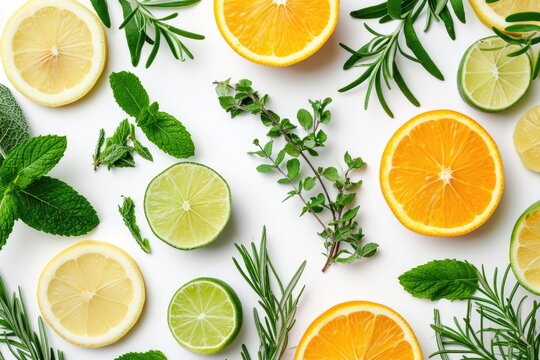 A collection of fresh citrus fruits and herbs arranged on a clean white surface
