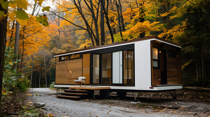small modern mobile home with wood panels and white exterior. in the woods on gravel 