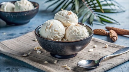 Fototapeta premium Bowl of vanilla ice cream with almonds on a wooden table.