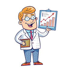 A statistics expert holding his hand, a graph chat. 