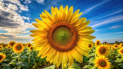 Fototapeta premium Close-up of a sunflower in a sunflower field.