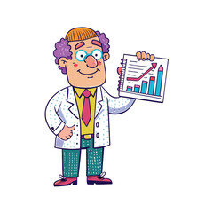 A statistics expert holding his hand, a graph chat. 