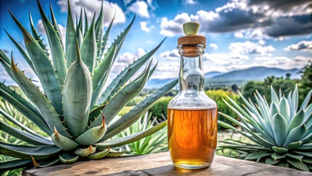 Bottle of agave syrup with agave plants in the background.