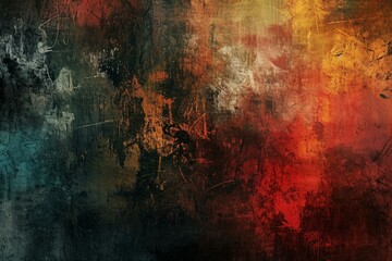 Obraz premium Colorful modern abstract grunge artwork background with red. Black. And yellow paint splashes on a rough distressed canvas texture