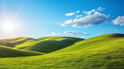 Obraz premium Lush green rolling hills under a clear blue sky with sunlight and scattered white clouds on a bright summer day in a tranquil countryside landscape