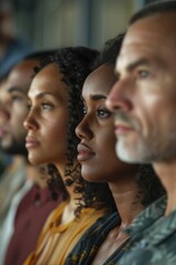 Obraz premium A group of people sitting closely, possibly friends or family, in a relaxed atmosphere
