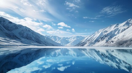 A mirage of a peaceful serene lake surrounded by snowcapped mountains.