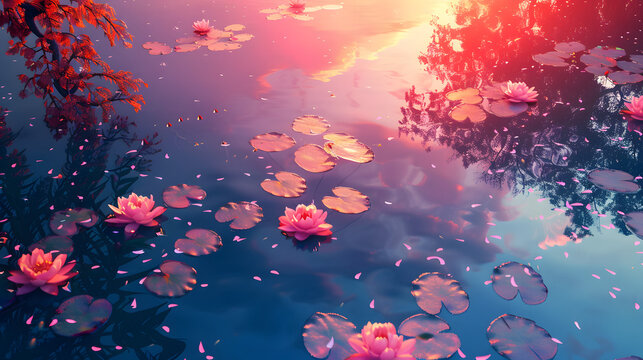 Spectacular lake with lily pads and ruby sunset. Overhead perspective banner. Copy space concept. 