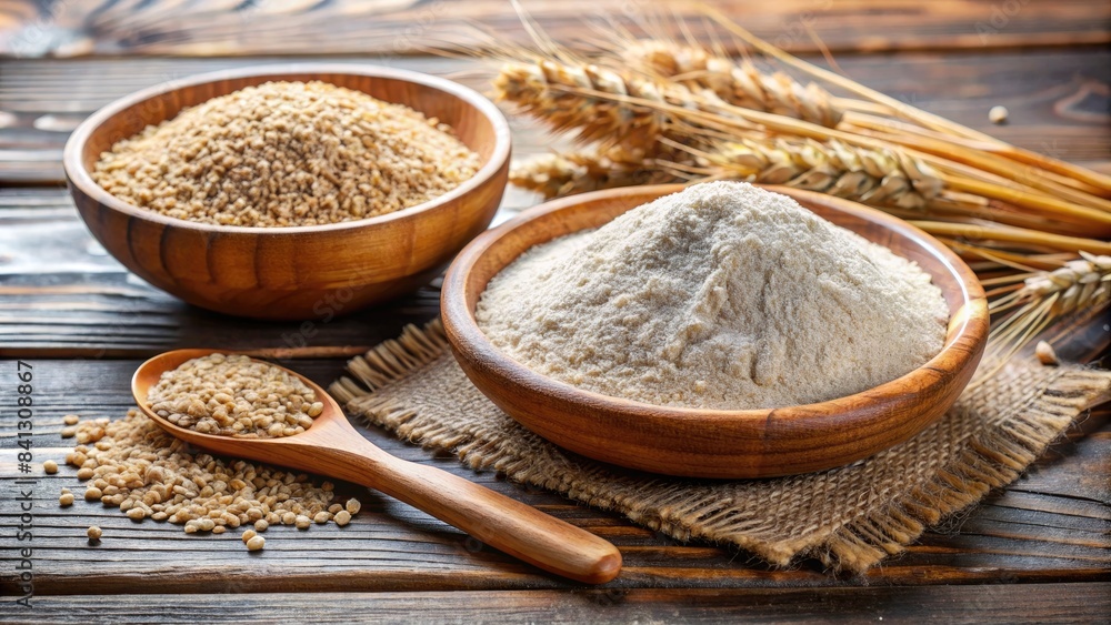 Sticker bowls of flour and grains with wooden spoons.