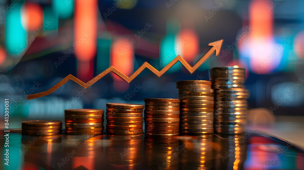 Poster stacks of coins with upward arrows on a blurred background