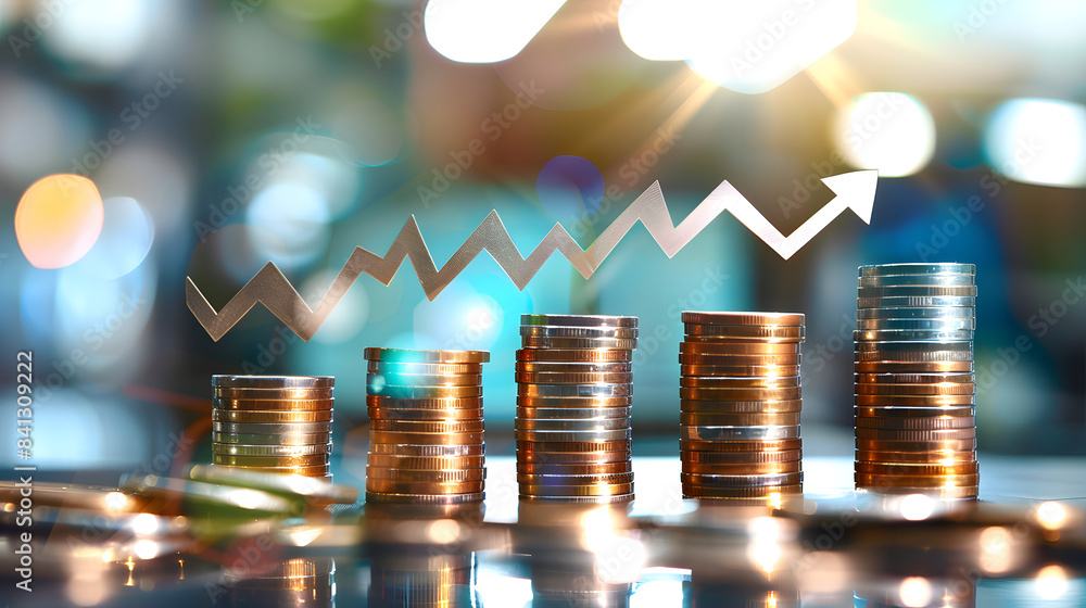 Poster stacks of coins with upward arrows on a blurred background