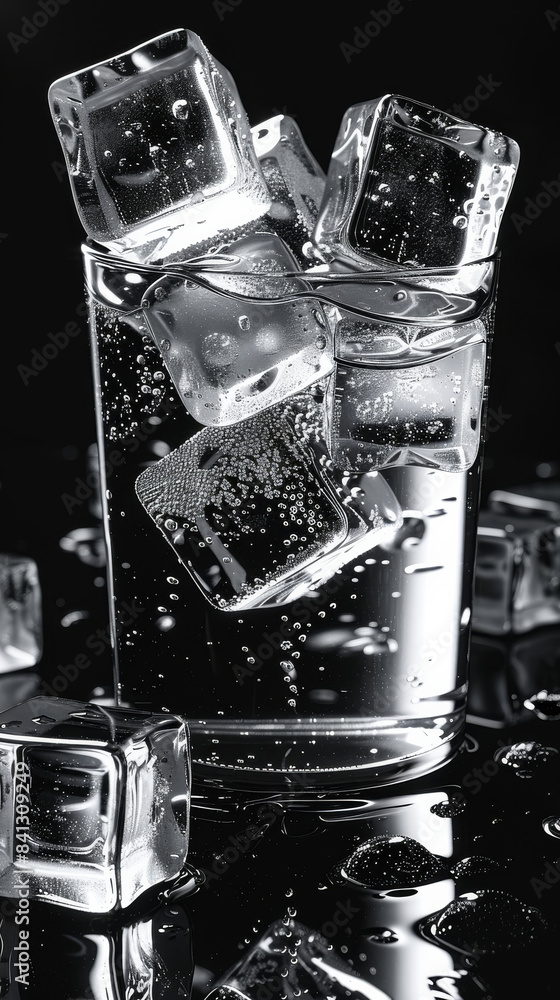 Poster Simple modern menu ice cubes and water black background. Generative AI.