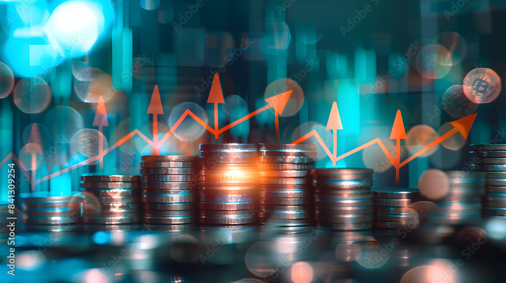 Poster stacks of coins with upward arrows on a blurred background