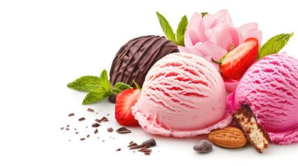 A delicious dessert featuring three scoops of ice cream topped with fresh strawberries and chocolate sauce