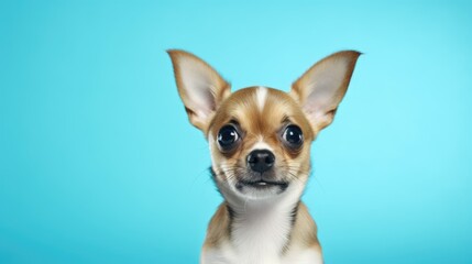 Obraz premium A small brown and white dog sitting on a blue background, suitable for use in pet-related or design contexts