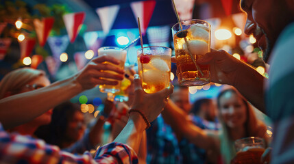 A group of friends raising their drinks in a toast to celebrate Independence Day, with festive decorations in the background