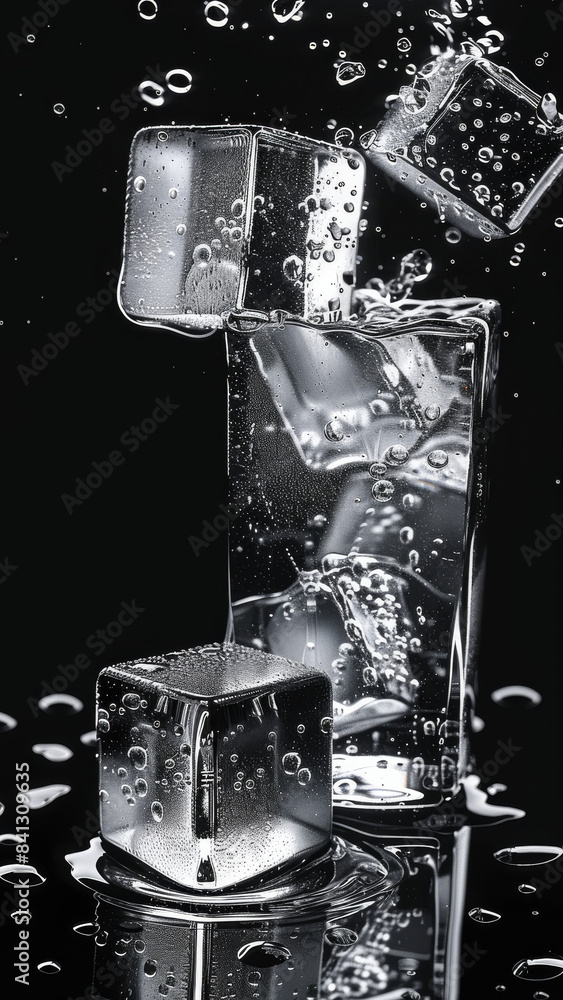 Poster Simple modern menu ice cubes and water black background. Generative AI.