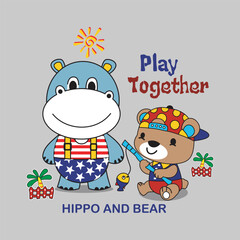 bears and hippos play happily,design cartoon vector illustration