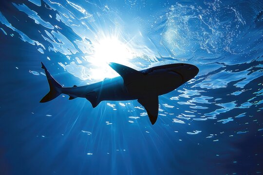 A silhouette  of a shark swimming with dorsal fin above water