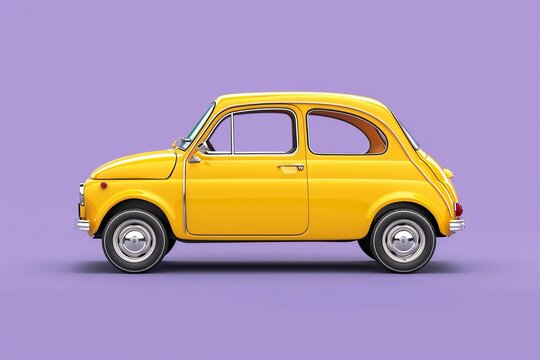 Retro yellow compact car side view on pastel purple background, classic city automobile, minimal transportation concept