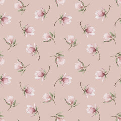 Light pink magnolia branches with flowers. Watercolor floral seamless pattern on peach pink background for flower fabric