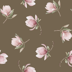 Light pink magnolia branches with flowers. Watercolor floral seamless pattern on brown background for flower fabric