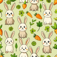 Fototapeta premium Seamless pattern of adorable rabbits with carrots and clover leaves, Generative AI