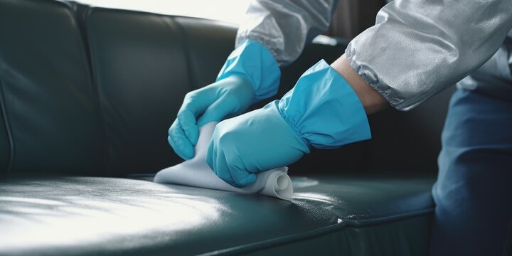 A person wearing blue gloves is cleaning a leather couch