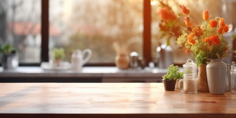 A simple and elegant wooden table decorated with vases filled with various types of flowers