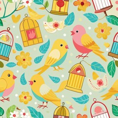 Seamless pattern of cheerful canaries with birdcages and small mirrors, Generative AI