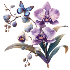 Obraz premium Delicate purple orchids with white accents and a blue butterfly in a lush, detailed floral arrangement. Isolated on transparent background.