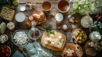 Breakfast spread with cheeses, breads, and fresh produce on a wooden table