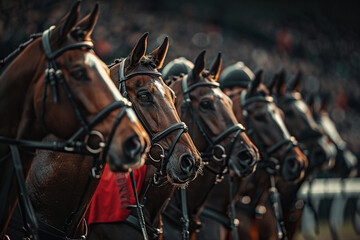 Fototapeta premium Horse racing. Horses stand in a row before the start of the race. Generated by artificial intelligence