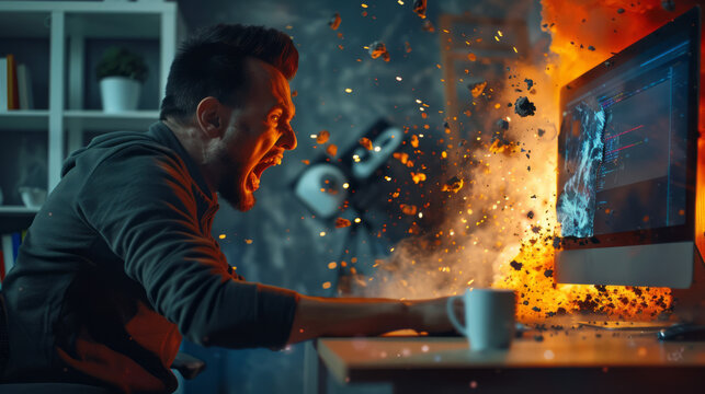 An angry man shouting on a computer while working