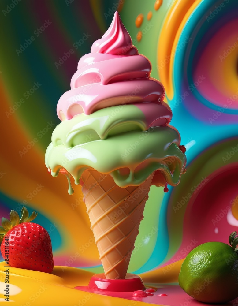 Aufkleber vibrant melting ice cream cone with pink and green swirls, set against a multicolored background. fr