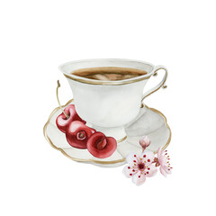 White porcelain tea cup and saucer with cherry berries and flowers. Victorian style. Watercolor illustration isolated