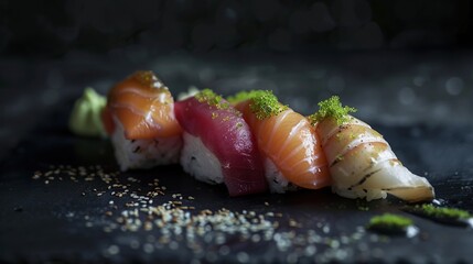 Assorted Sushi Rolls Promotional Poster

Assorted Sushi Rolls Promotional Poster

Description: A vibrant array of assorted sushi rolls featuring various types of nigiri, maki, and sashimi on a dark 