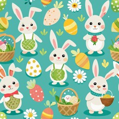 Seamless pattern of cute bunnies with baskets and Easter eggs, Generative AI