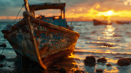 Quaint fishing boat, details against the backdrop of a vibrant sunrise or sunset - Powered by Adobe