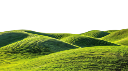 Green rolling hills with lush grass and gentle slopes on a clear day, isolated on a transparent background.