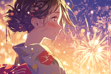 Serene Moment in Traditional Attire - Adorable Girl in Yukata Admiring Fireworks at Night -  伝統衣装で過ごす穏やかなひととき 夜の花火を眺める浴衣姿の愛らしい女の子