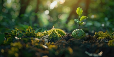 A small green plant growing out of the earth, surrounded by soil and possibly some rocks