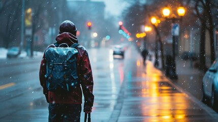 A man walks down the street carrying a backpack, getting wet in the rain