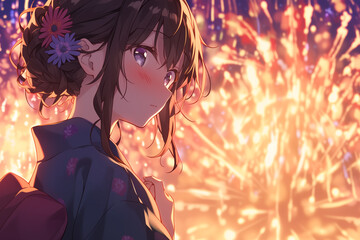 Serene Moment: Adorable Girl in Yukata Gazing at Fireworks - 穏やかなひととき 花火を見つめる可愛い浴衣姿の女の子