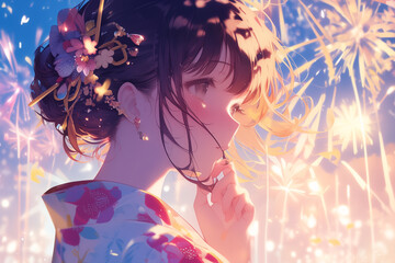 Enchanting Moment of a Adorable Girl in Yukata Watching Fireworks at Night - 可憐な浴衣姿の女の子が夜の花火を鑑賞する魅惑のひととき