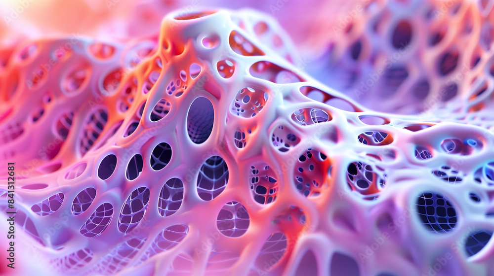 Fototapete abstract organic structure with holes forming a complex network, illuminated with warm and cool ligh