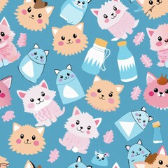 Seamless pattern of fluffy kittens with balls of yarn and little fish, Generative AI