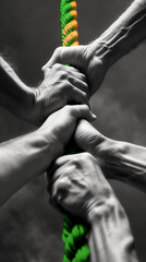 Unity in action: hands grasping the rope together. Diverse team unity. The importance of working together towards a common goal. 